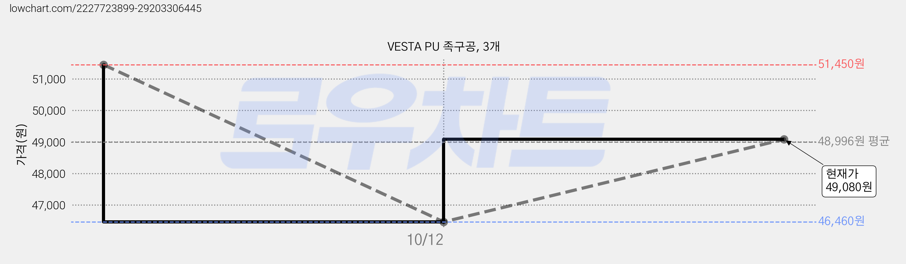 VESTA PU 족구공, 3개 가격 변동 차트, 현재가 49,080원, 관측 최저가 46,460원