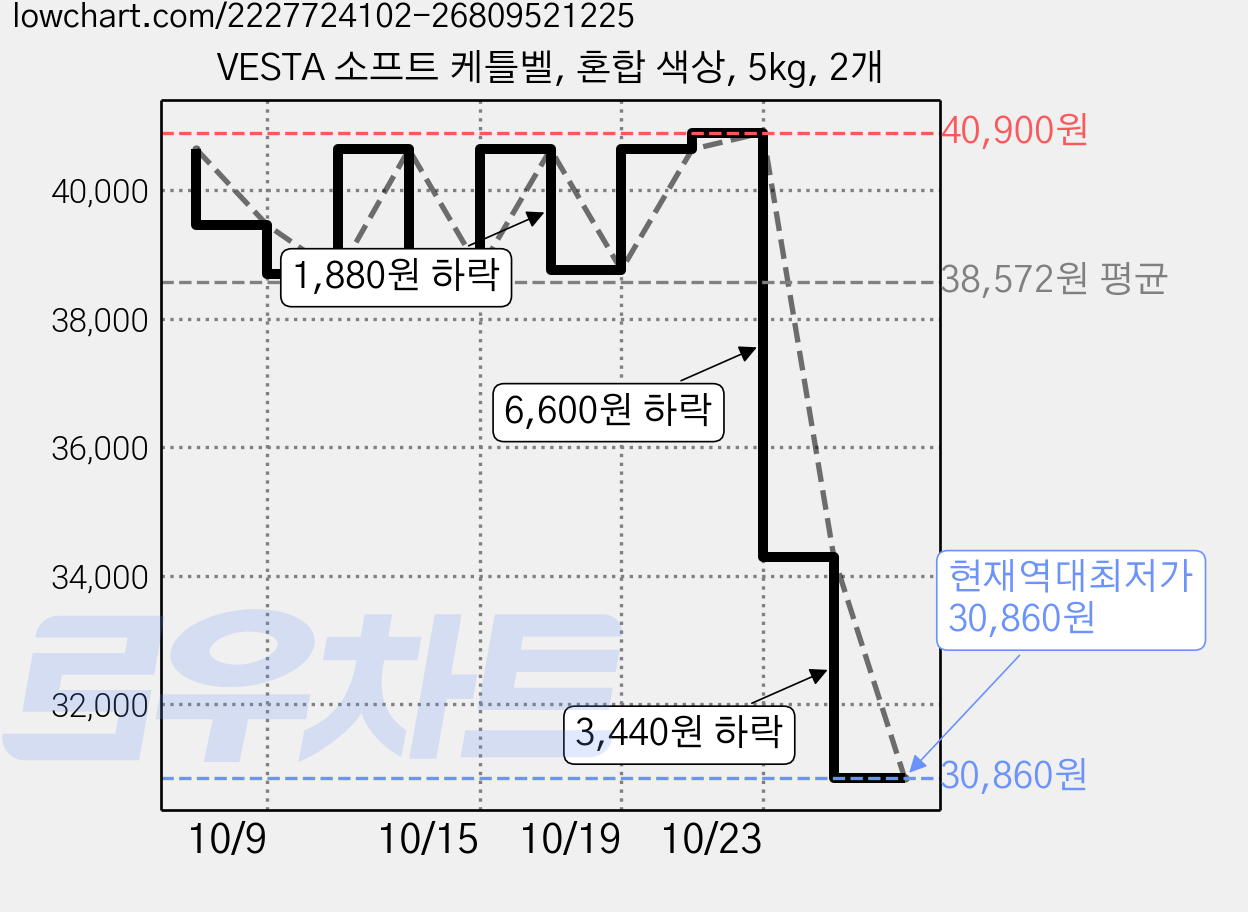 VESTA 소프트 케틀벨, 혼합 색상, 5kg, 2개 가격 변동 차트, 현재가 30,860원, 역대최저가