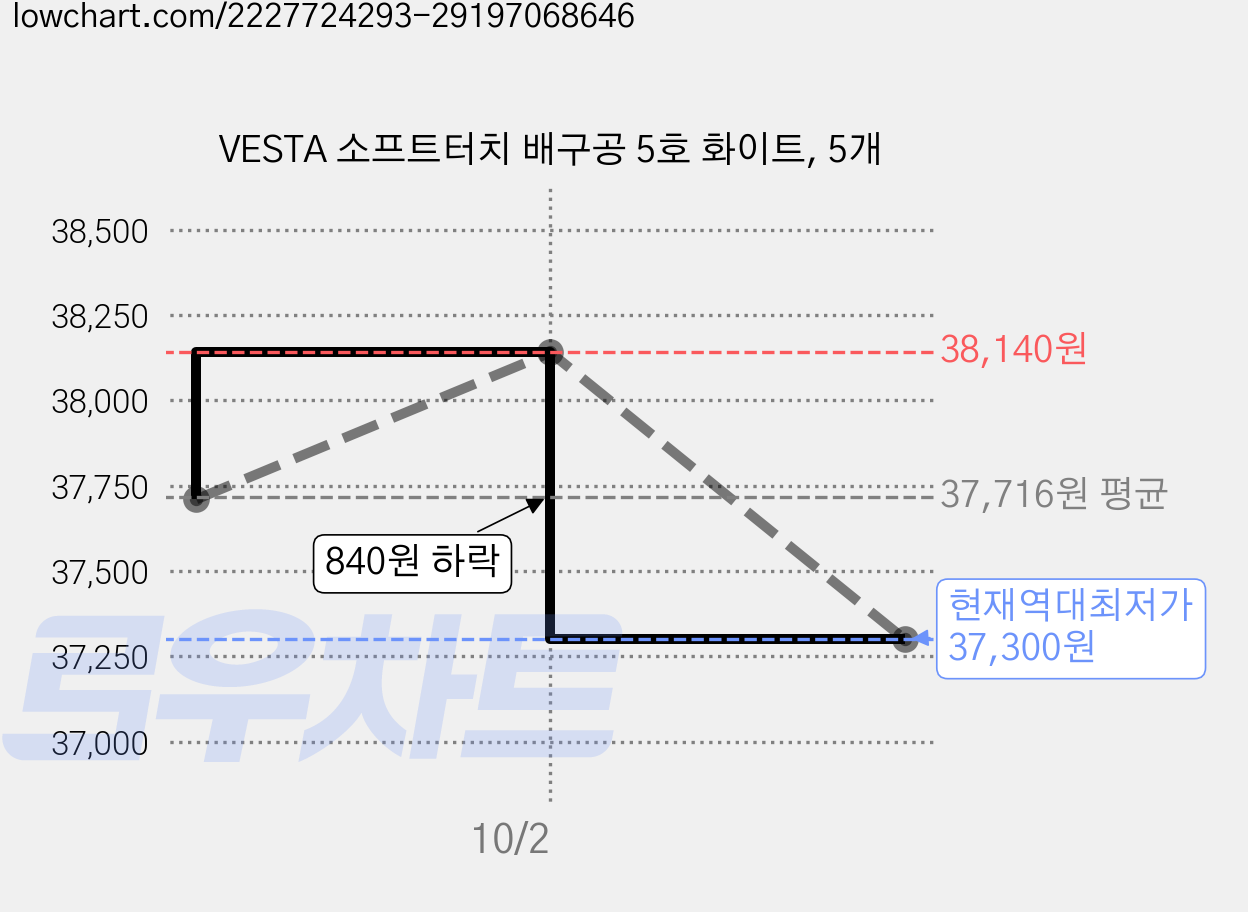 VESTA 소프트터치 배구공 5호 화이트, 5개 가격 변동 차트, 현재가 37,300원, 역대최저가