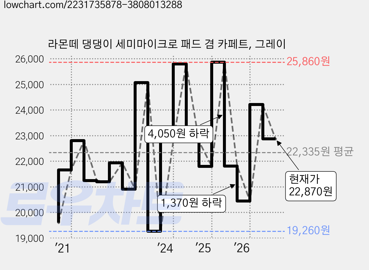 라몬떼 댕댕이 세미마이크로 패드 겸 카페트, 그레이 가격 변동 차트, 현재가 22,870원, 관측 최저가 19,260원