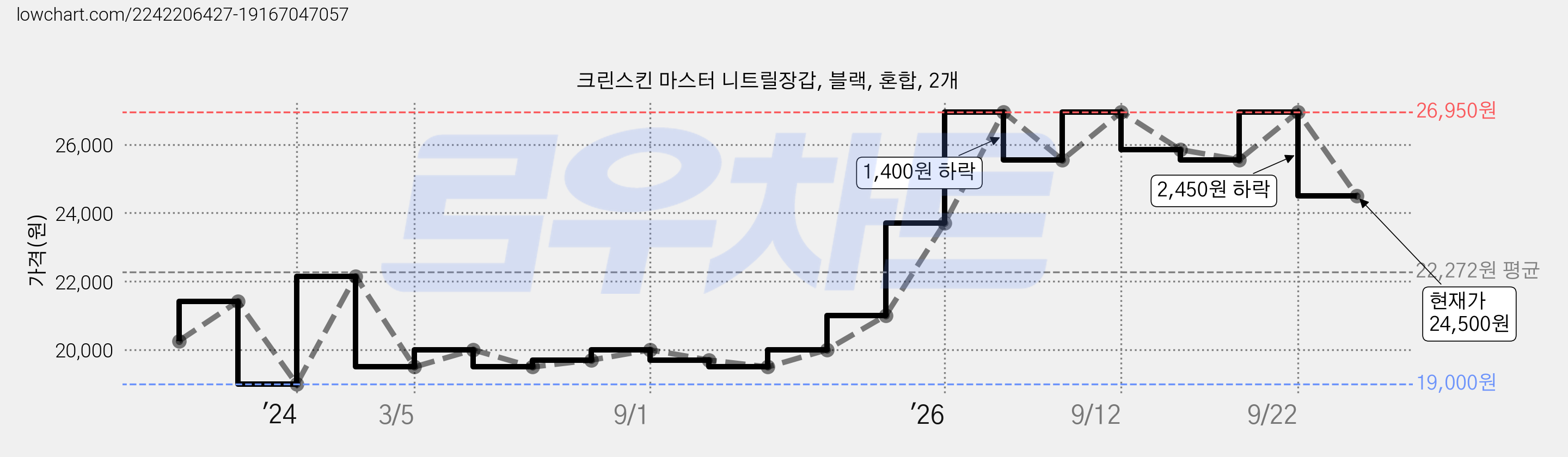 크린스킨 마스터 니트릴장갑, 블랙, 혼합, 2개 가격 변동 차트, 현재가 24,500원, 관측 최저가 19,000원