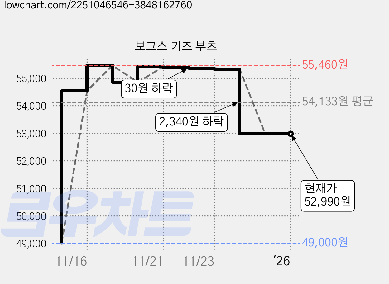 보그스 키즈 부츠 가격 변동 차트, 현재가 52,990원, 역대최저가