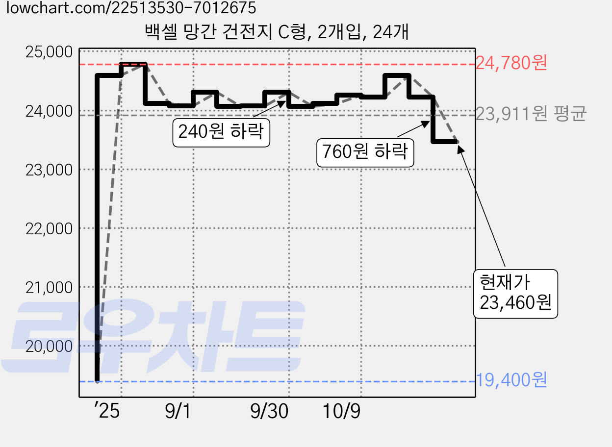 백셀 망간 건전지 C형, 2개입, 24개 가격 변동 차트, 현재가 23,460원, 관측 최저가 19,400원