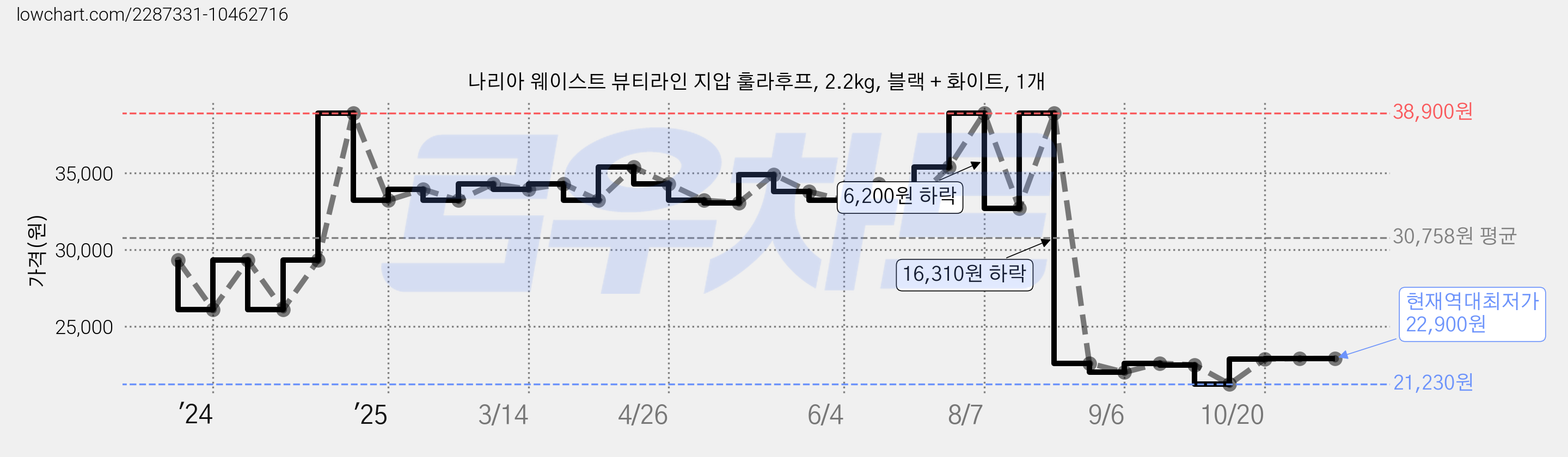 나리아 웨이스트 뷰티라인 지압 훌라후프, 2.2kg, 블랙 + 화이트, 1개 가격 변동 차트, 현재가 22,900원, 역대최저가