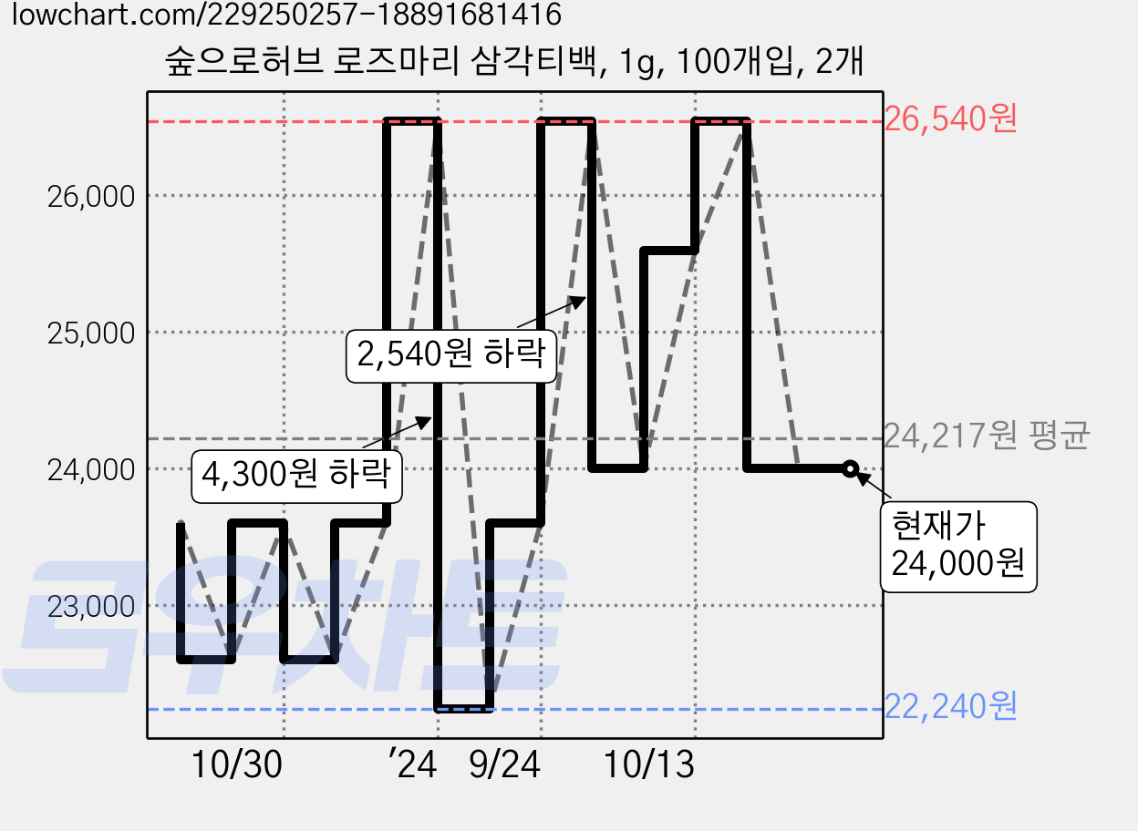 숲으로허브 로즈마리 삼각티백, 1g, 100개입, 2개 가격 변동 차트, 현재가 24,000원, 관측 최저가 22,240원