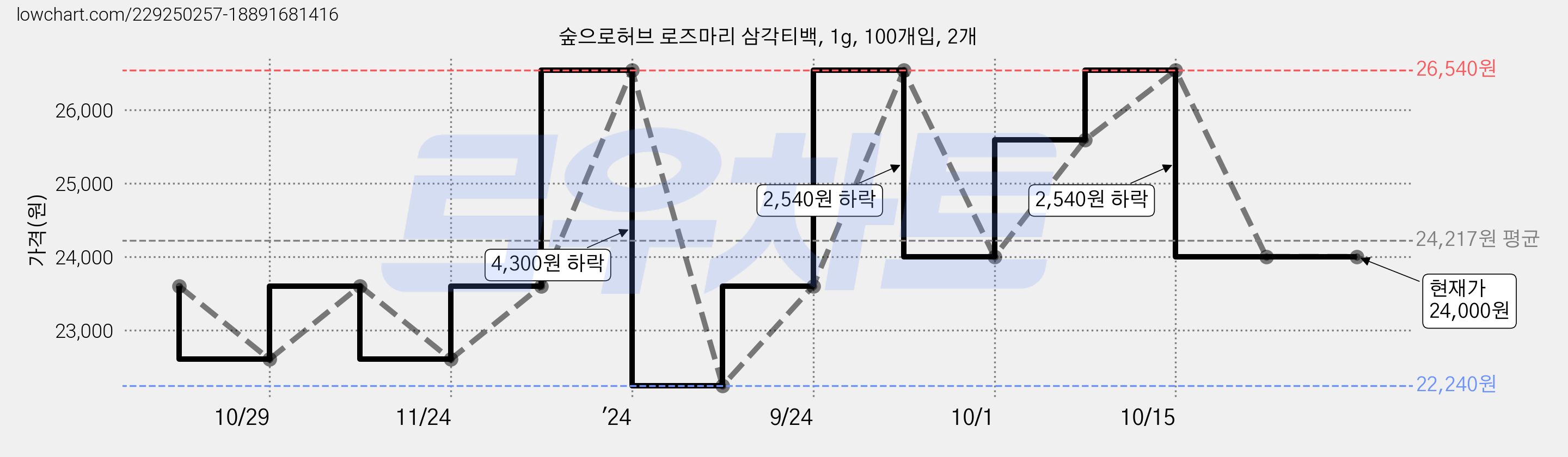 숲으로허브 로즈마리 삼각티백, 1g, 100개입, 2개 가격 변동 차트, 현재가 24,000원, 관측 최저가 22,240원
