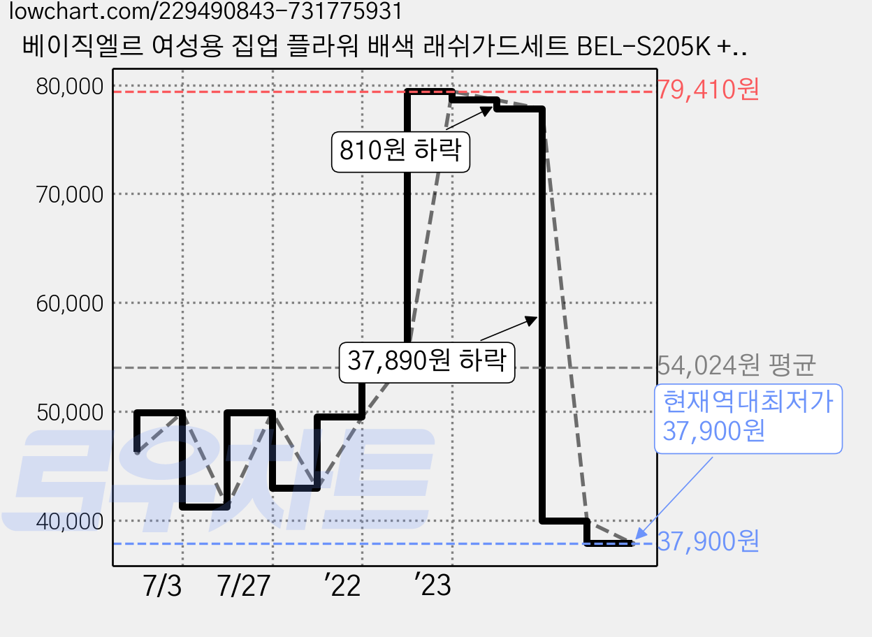 베이직엘르 여성용 집업 플라워 배색 래쉬가드세트 BEL-S205K + BEL-S206K 가격 변동 차트, 현재가 37,900원, 역대최저가