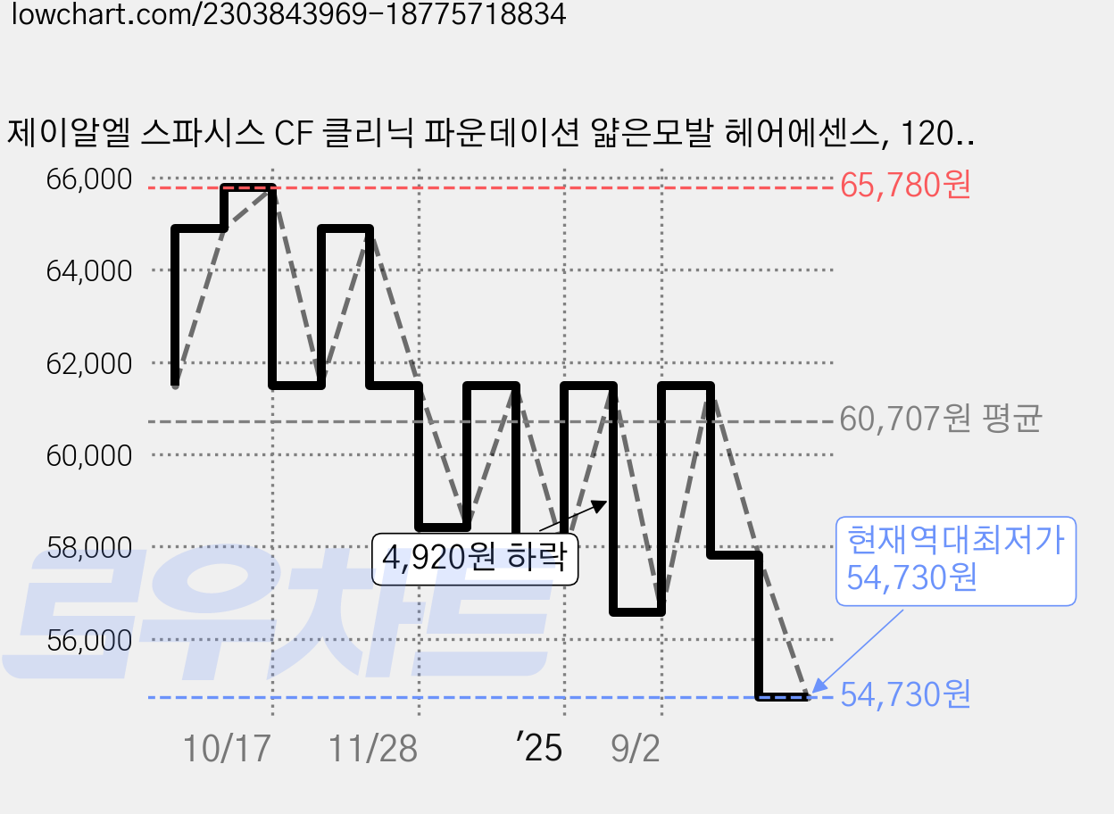 제이알엘 스파시스 CF 클리닉 파운데이션 얇은모발 헤어에센스, 120ml, 3개 가격 변동 차트, 현재가 54,730원, 역대최저가
