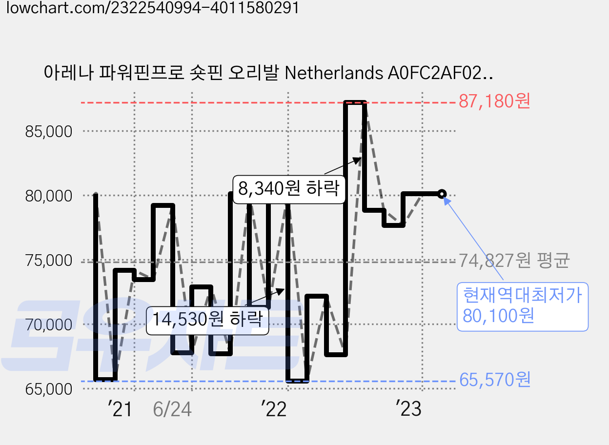 아레나 파워핀프로 숏핀 오리발 Netherlands A0FC2AF02, OBL 가격 변동 차트, 현재가 80,100원, 역대최저가