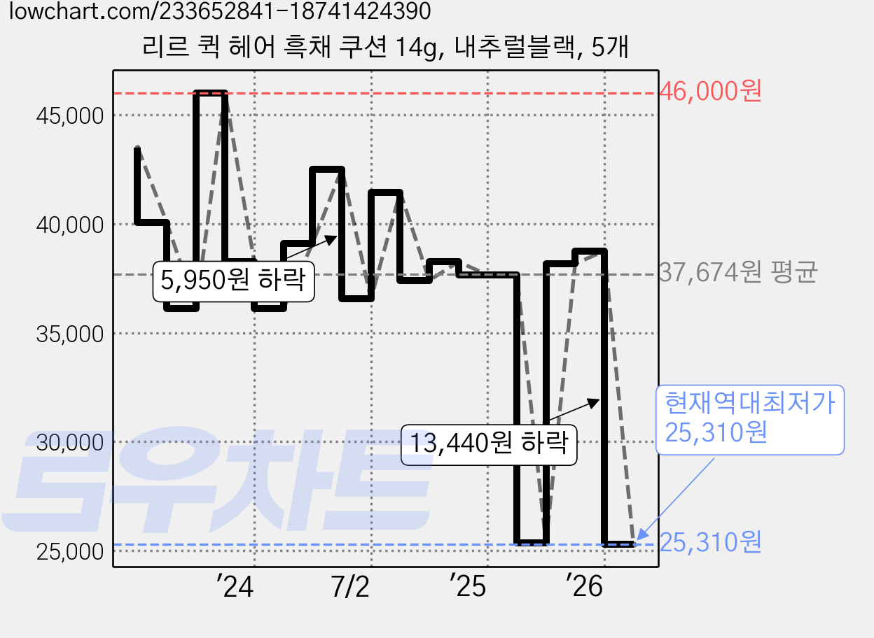 리르 퀵 헤어 흑채 쿠션 14g, 내추럴블랙, 5개 가격 변동 차트, 현재가 25,310원, 역대최저가
