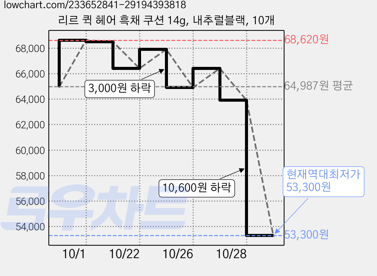 리르 퀵 헤어 흑채 쿠션 14g, 내추럴블랙, 10개 가격 변동 차트, 현재가 53,300원, 역대최저가