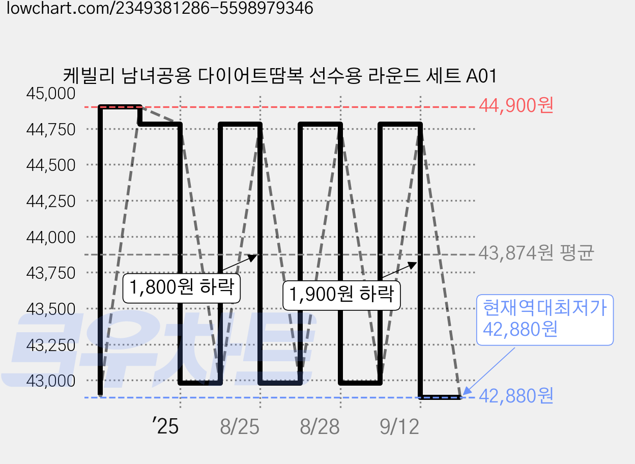 케빌리 남녀공용 다이어트땀복 선수용 라운드 세트 A01 가격 변동 차트, 현재가 42,880원, 역대최저가