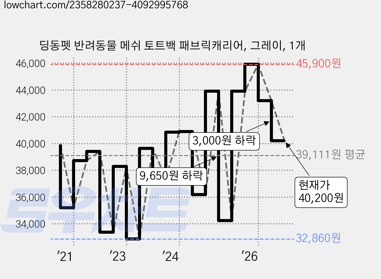 딩동펫 반려동물 메쉬 토트백 패브릭캐리어, 그레이, 1개 가격 변동 차트, 현재가 40,200원, 관측 최저가 32,860원