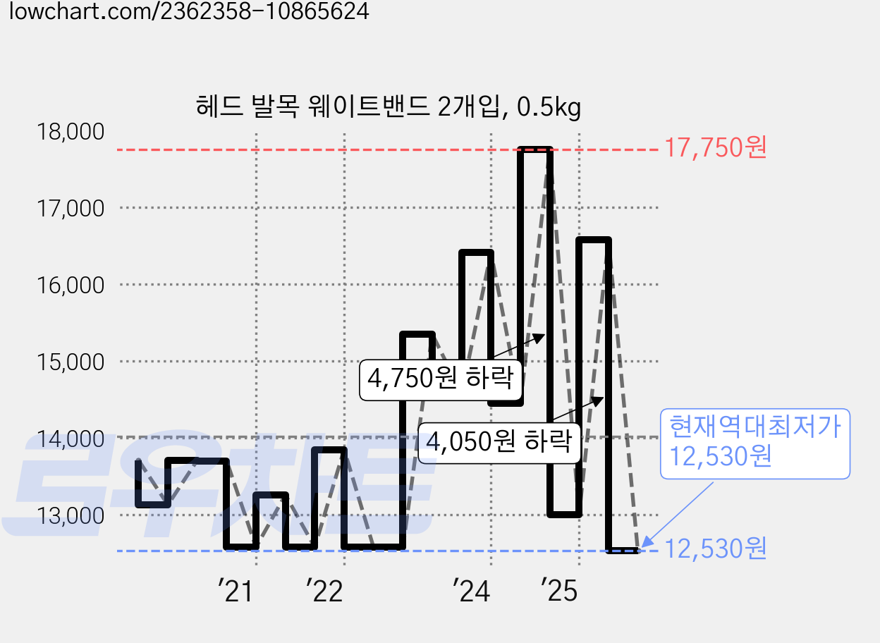 헤드 발목 웨이트밴드 2개입, 0.5kg 가격 변동 차트, 현재가 12,530원, 역대최저가