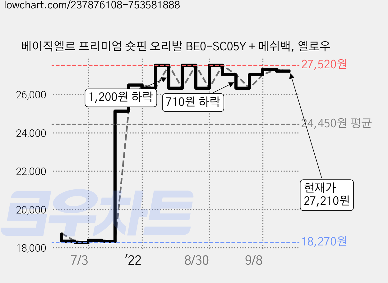 베이직엘르 프리미엄 숏핀 오리발 BE0-SC05Y + 메쉬백, 옐로우 가격 변동 차트, 현재가 27,210원, 관측 최저가 18,270원