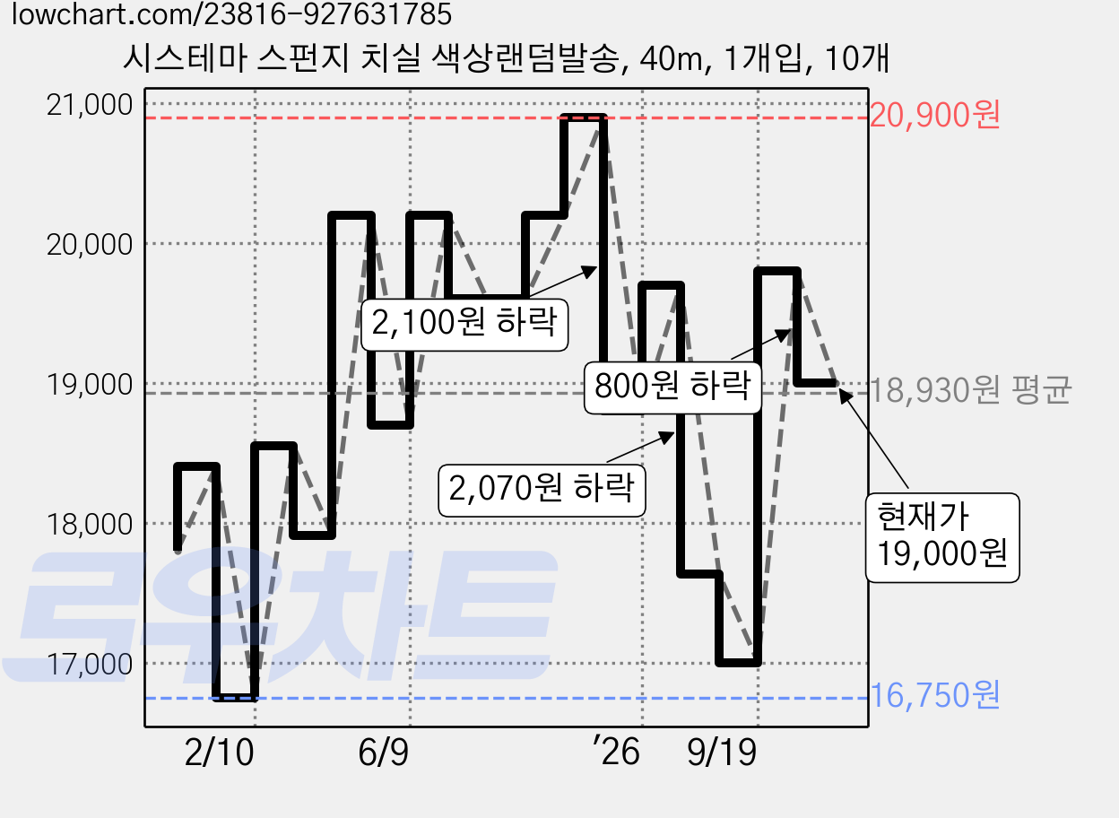 시스테마 스펀지 치실 색상랜덤발송, 40m, 1개입, 10개 가격 변동 차트, 현재가 19,000원, 관측 최저가 15,970원