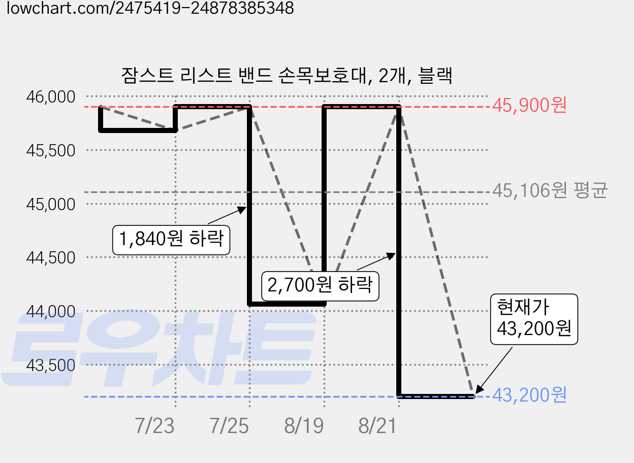 잠스트 리스트 밴드 손목보호대, 2개, 블랙 가격 변동 차트, 현재가 43,200원, 관측 최저가 39,010원