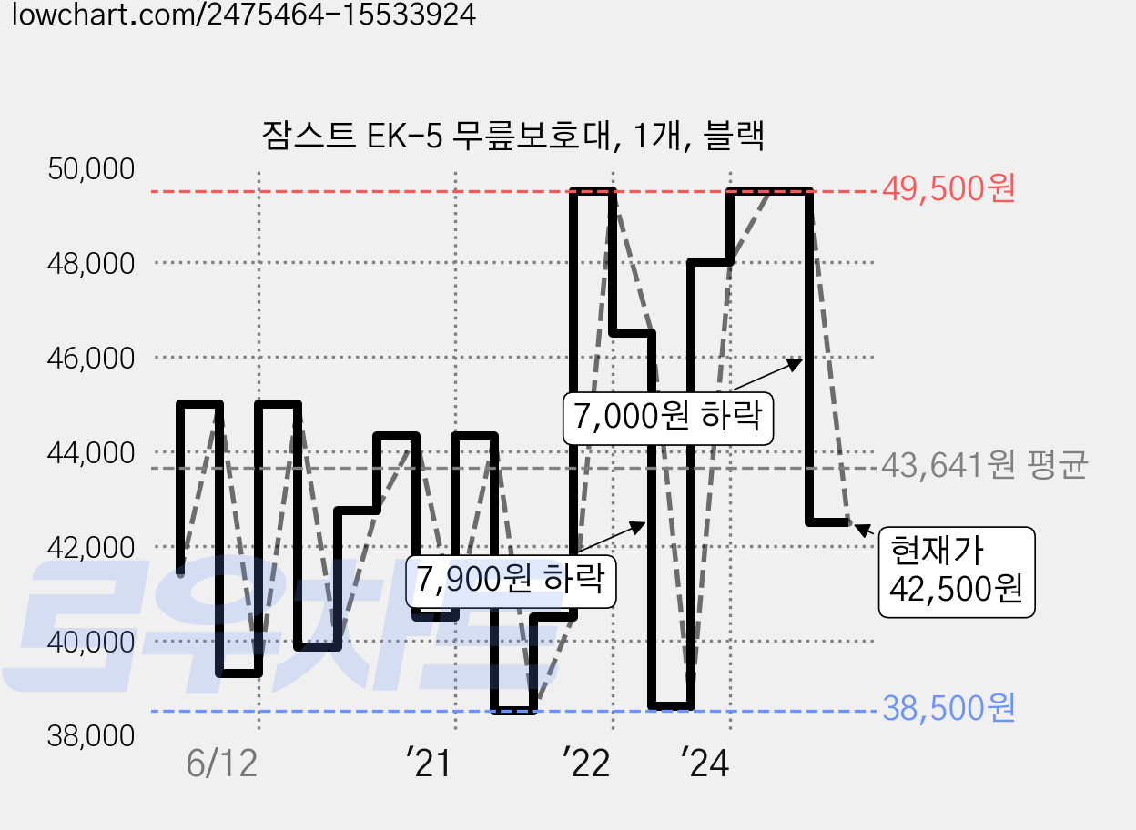 잠스트 EK-5 무릎보호대, 1개, 블랙 가격 변동 차트, 현재가 42,500원, 관측 최저가 33,160원