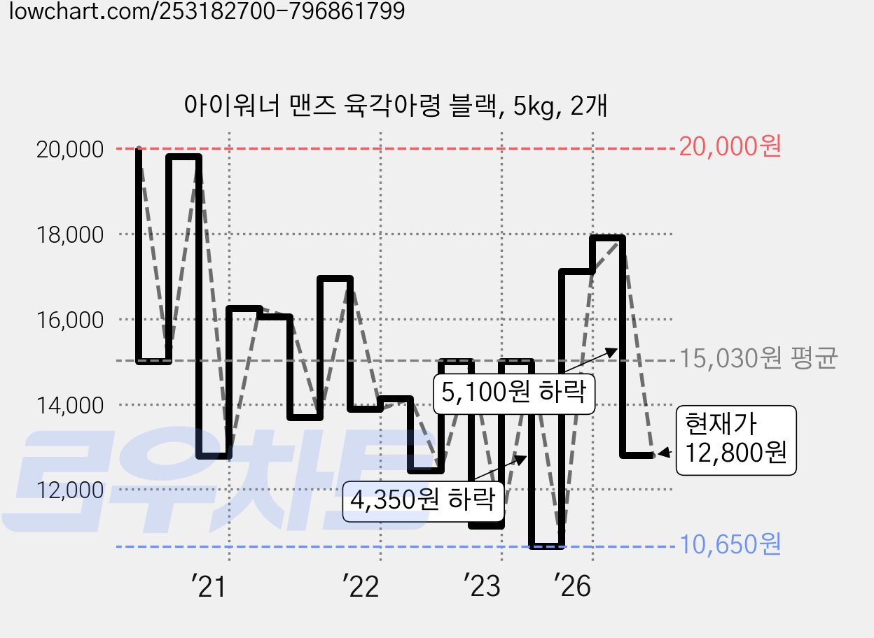 아이워너 맨즈 육각아령 블랙, 5kg, 2개 가격 변동 차트, 현재가 12,800원, 관측 최저가 10,260원