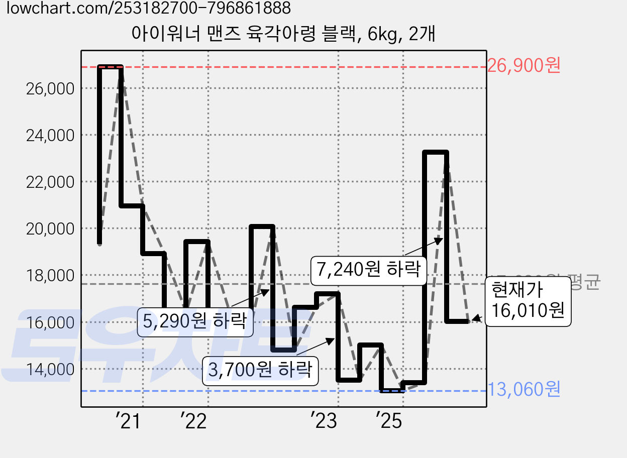 아이워너 맨즈 육각아령 블랙, 6kg, 2개 가격 변동 차트, 현재가 16,010원, 관측 최저가 12,240원
