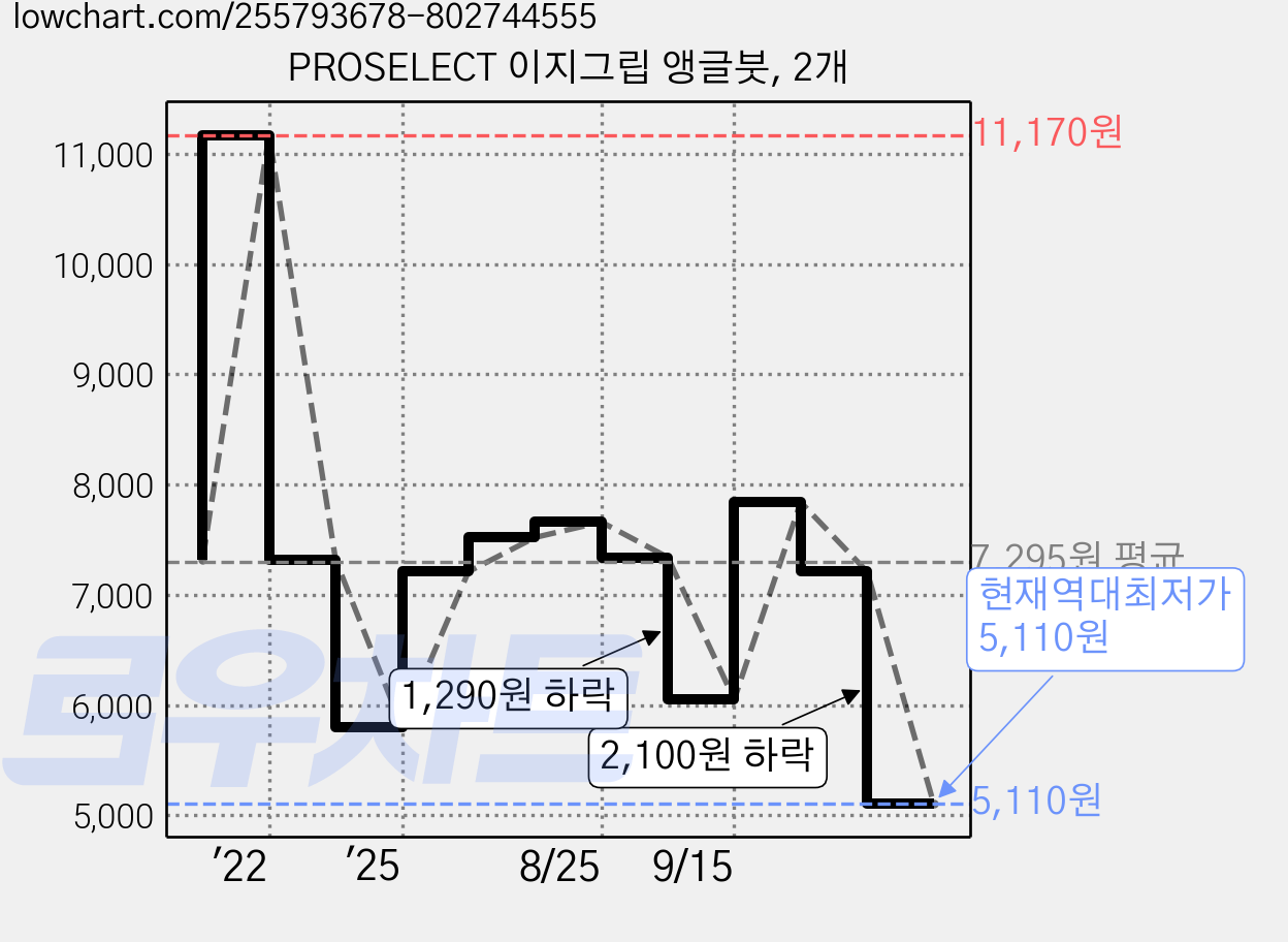 PROSELECT 이지그립 앵글붓, 2개 가격 변동 차트, 현재가 5,110원, 역대최저가