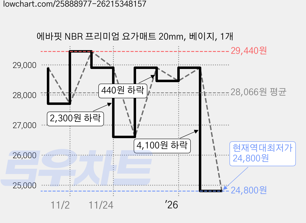 에바핏 NBR 프리미엄 요가매트 20mm, 베이지, 1개 가격 변동 차트, 현재가 24,800원, 역대최저가