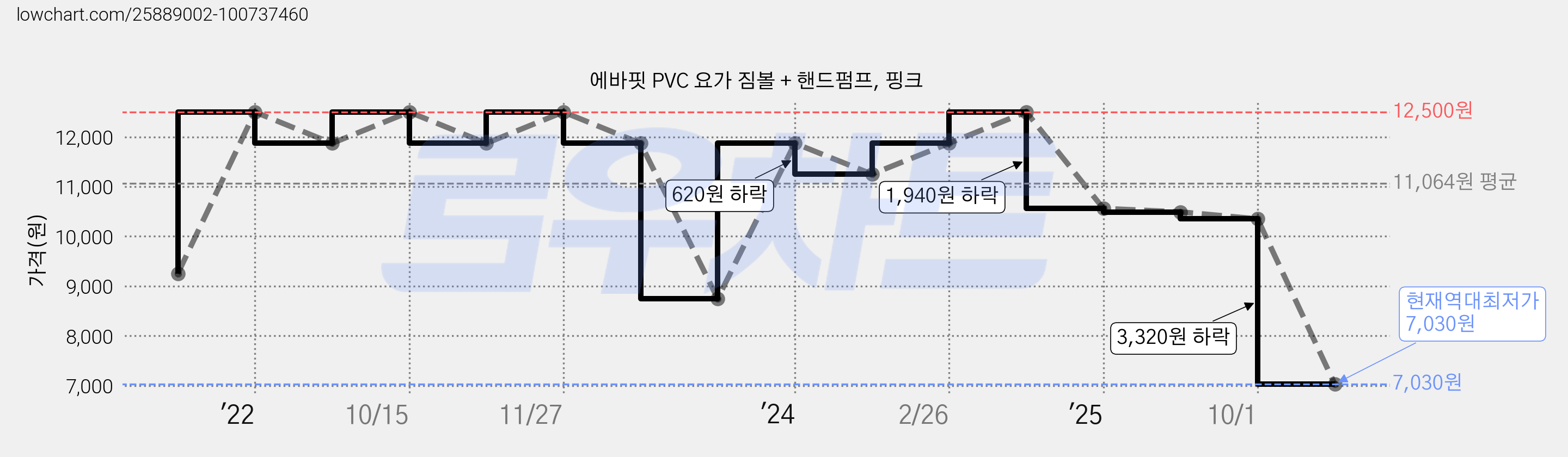 에바핏 PVC 요가 짐볼 + 핸드펌프, 핑크 가격 변동 차트, 현재가 7,030원, 역대최저가