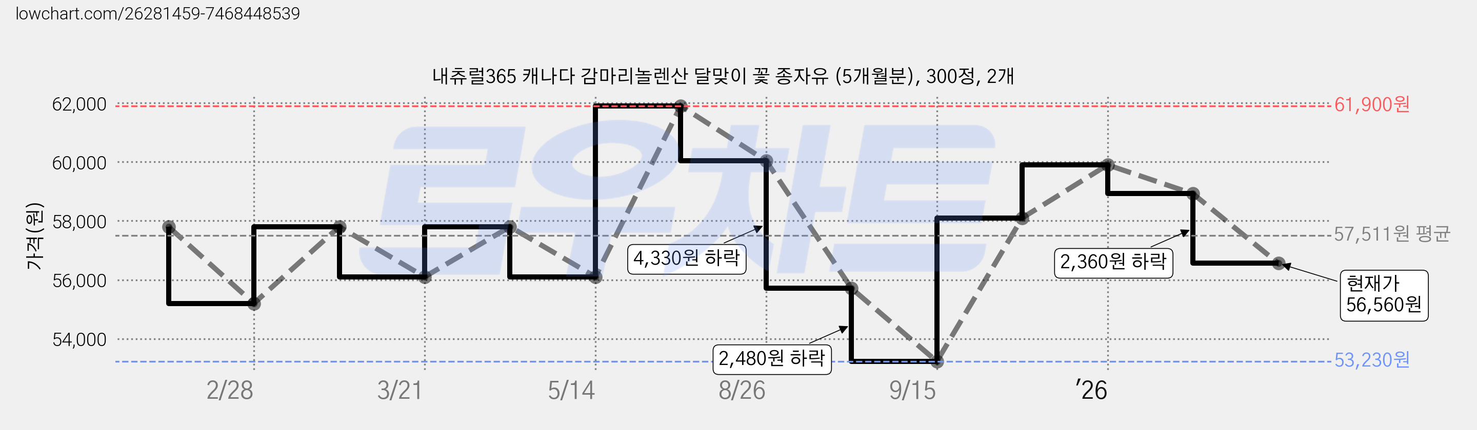 내츄럴365 캐나다 감마리놀렌산 달맞이 꽃 종자유 (5개월분), 300정, 2개 가격 변동 차트, 현재가 56,560원, 관측 최저가 53,230원