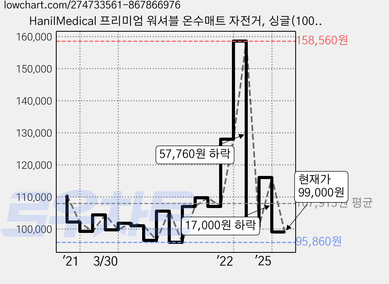 HanilMedical 프리미엄 워셔블 온수매트 자전거, 싱글(100 x 200 cm) 가격 변동 차트, 현재가 99,000원, 관측 최저가 87,800원