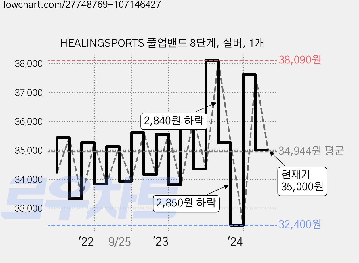 HEALINGSPORTS 풀업밴드 8단계, 실버, 1개 가격 변동 차트, 현재가 35,000원, 관측 최저가 32,400원