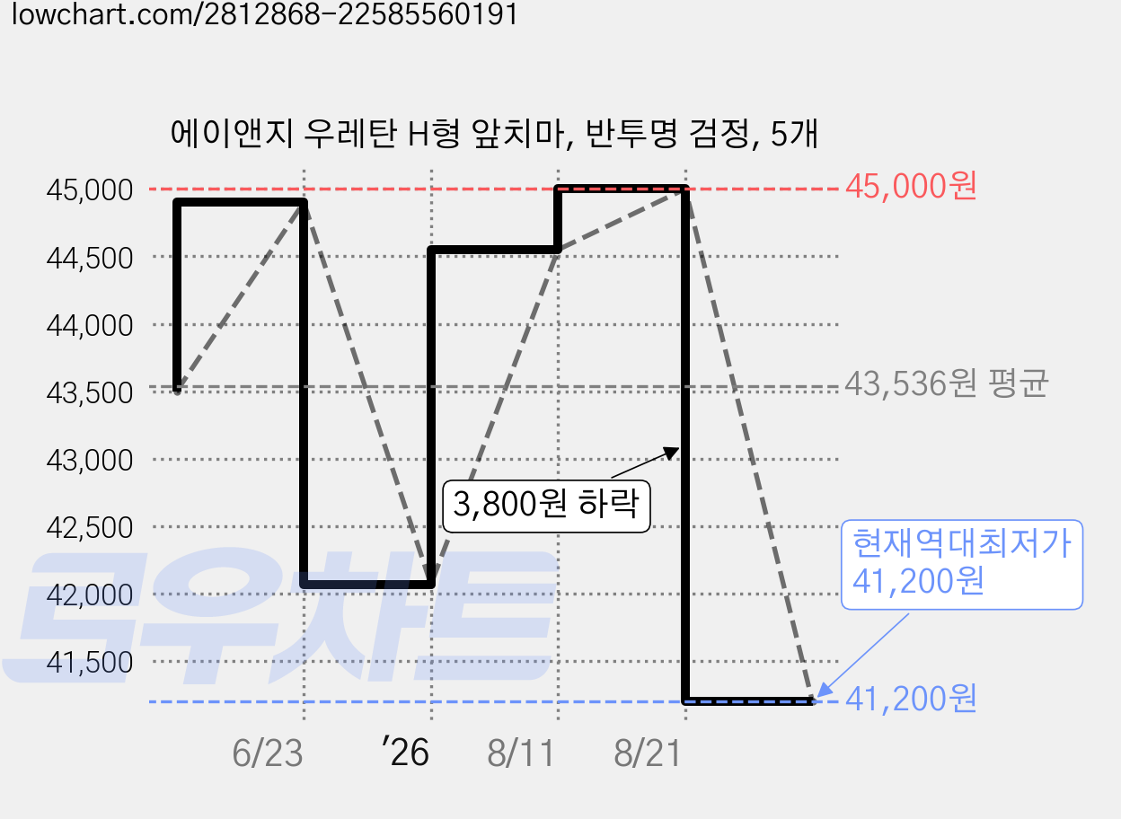 에이앤지 우레탄 H형 앞치마, 반투명 검정, 5개 가격 변동 차트, 현재가 41,200원, 역대최저가