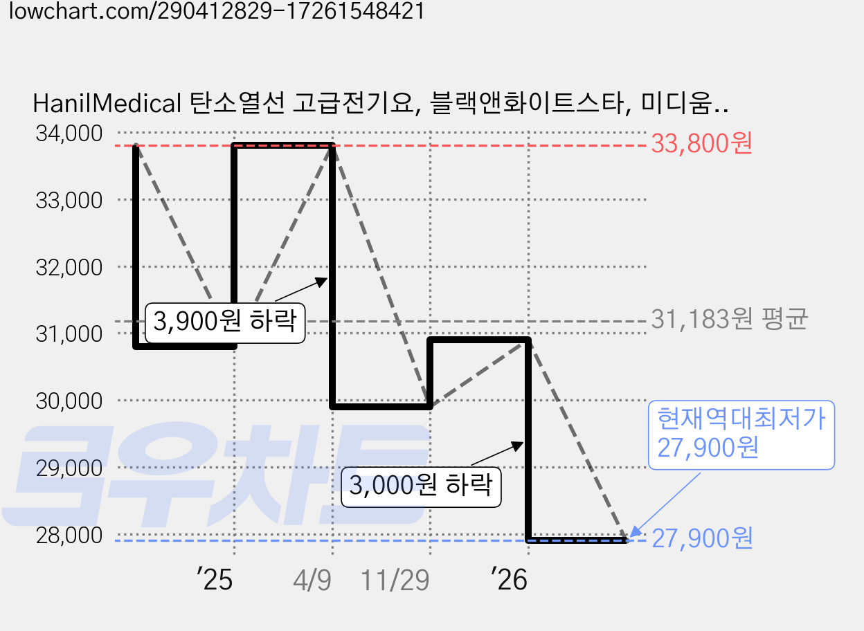 HanilMedical 탄소열선 고급전기요, 블랙앤화이트스타, 미디움(100 x 180 cm) 가격 변동 차트, 현재가 27,900원, 역대최저가