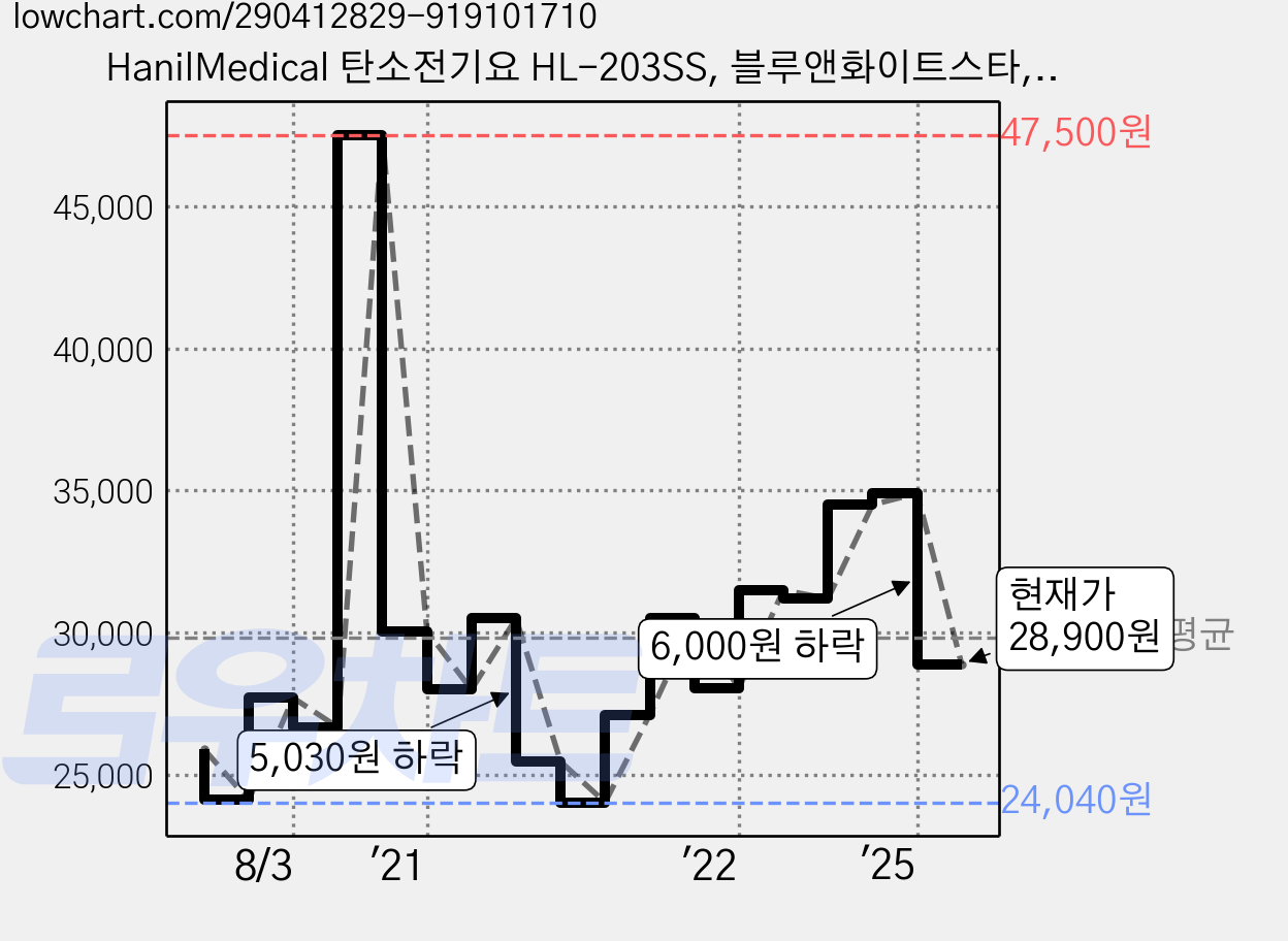 HanilMedical 탄소전기요 HL-203SS, 블루앤화이트스타, 라지 (135 x 180 cm) 가격 변동 차트, 현재가 28,900원, 관측 최저가 24,040원