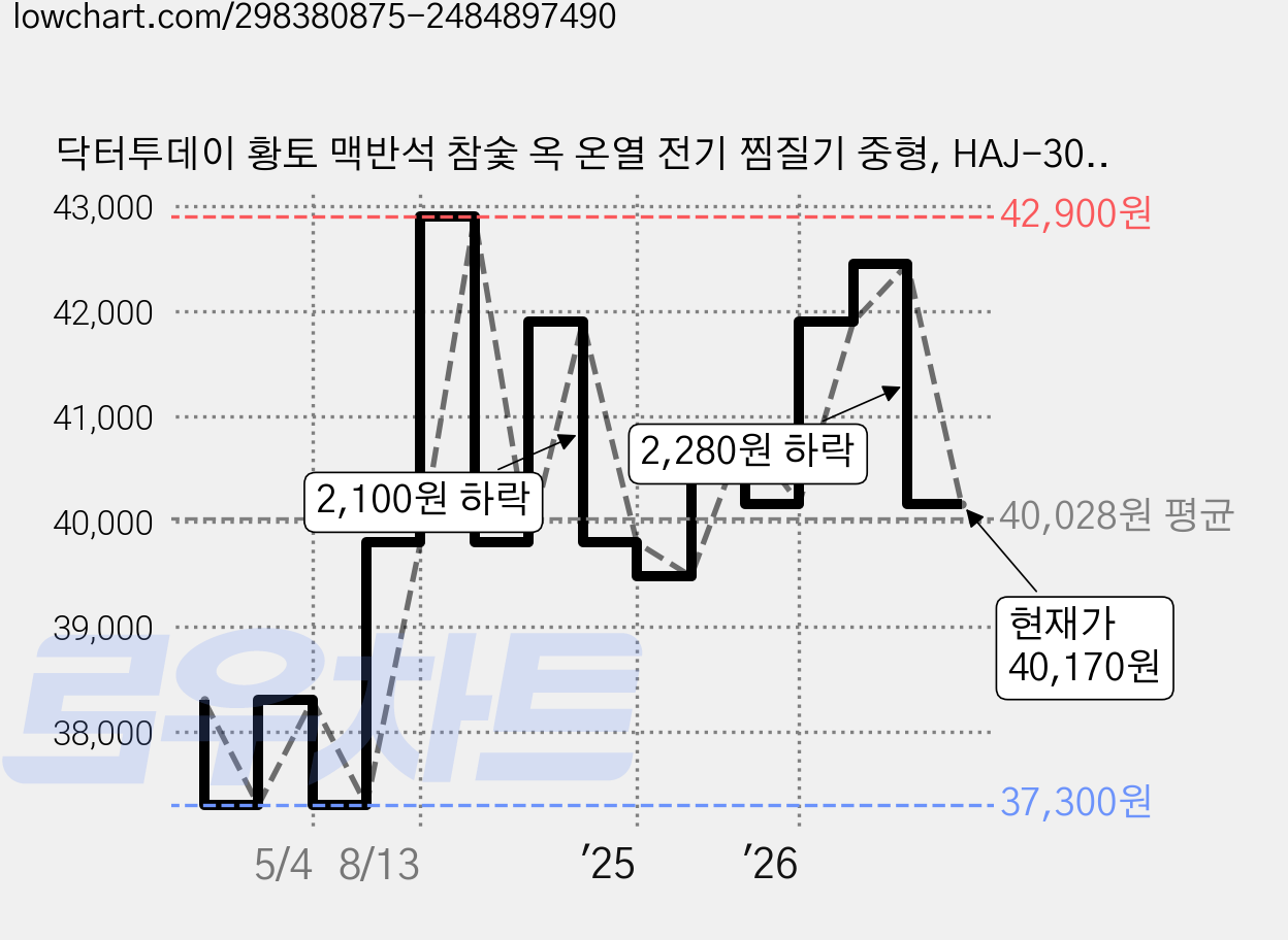 닥터투데이 황토 맥반석 참숯 옥 온열 전기 찜질기 중형, HAJ-300, 플라워A 가격 변동 차트, 현재가 40,170원, 관측 최저가 37,300원