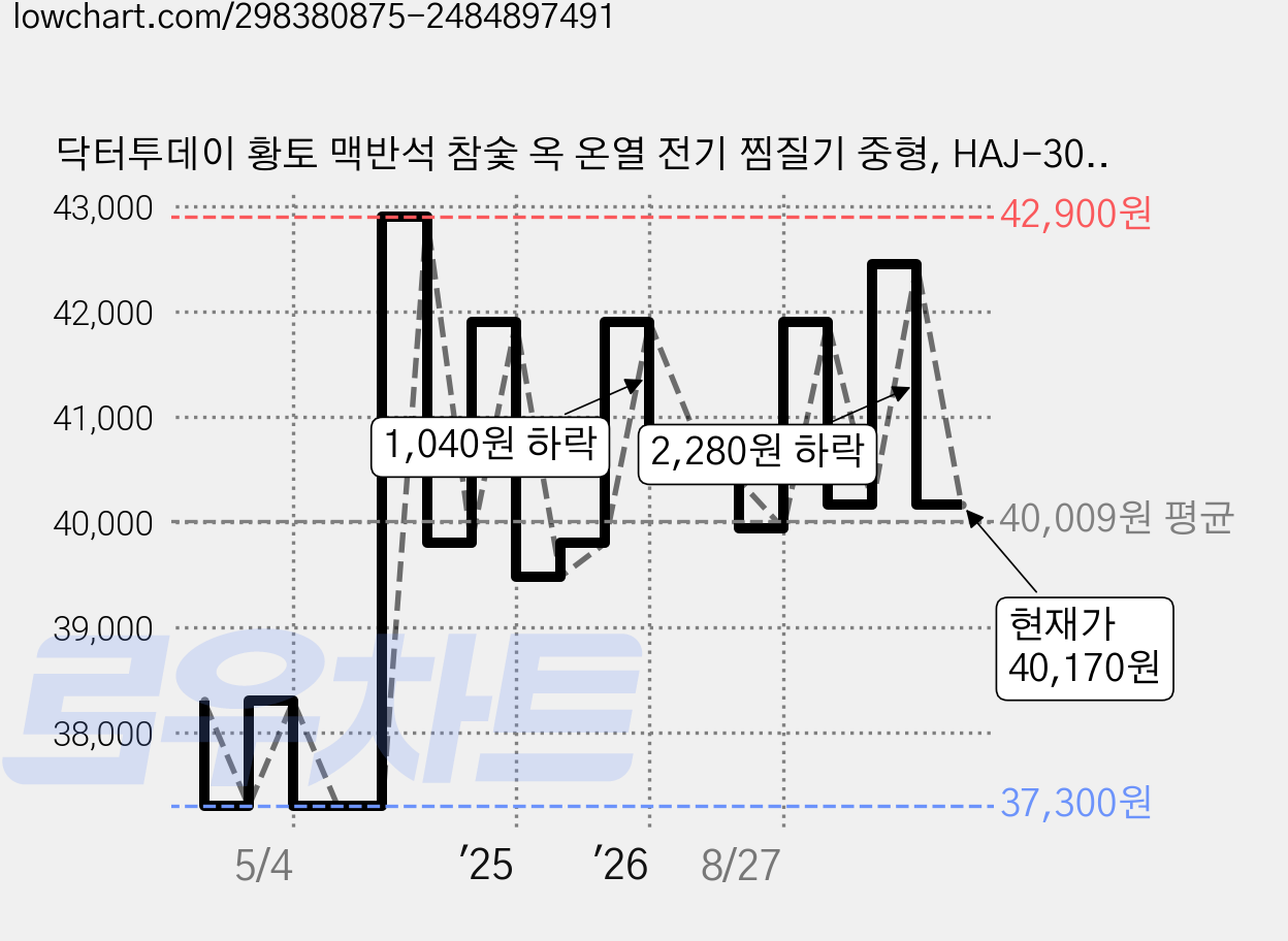 닥터투데이 황토 맥반석 참숯 옥 온열 전기 찜질기 중형, HAJ-300, 플라워B형 가격 변동 차트, 현재가 40,170원, 관측 최저가 37,300원