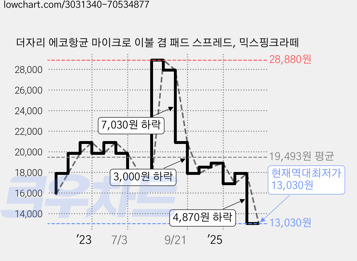 더자리 에코항균 마이크로 이불 겸 패드 스프레드, 믹스핑크라떼 가격 변동 차트, 현재가 13,030원, 역대최저가