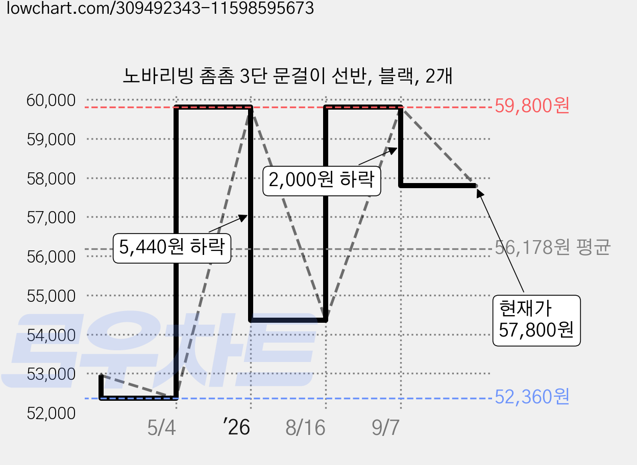 노바리빙 촘촘 3단 문걸이 선반, 블랙, 2개 가격 변동 차트, 현재가 57,800원, 관측 최저가 52,360원