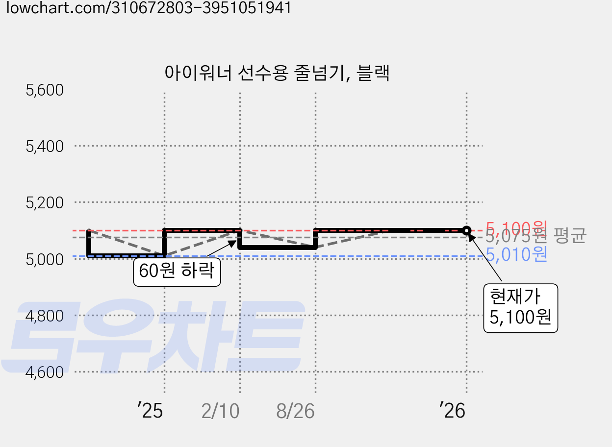 아이워너 선수용 줄넘기, 블랙 가격 변동 차트, 현재가 5,100원, 관측 최저가 5,010원
