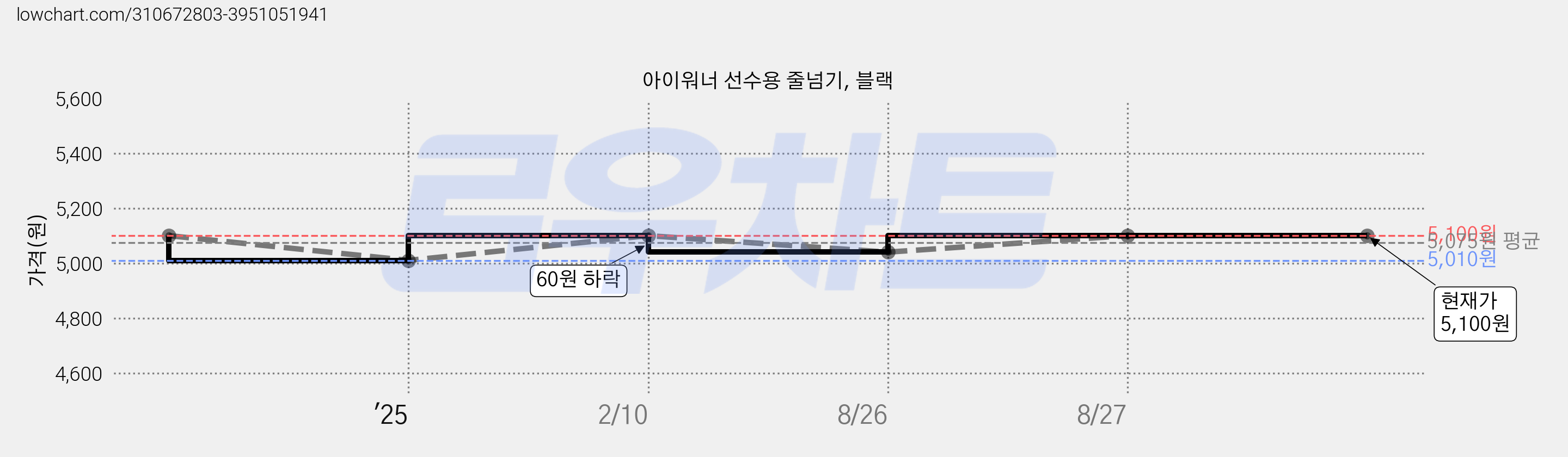아이워너 선수용 줄넘기, 블랙 가격 변동 차트, 현재가 5,100원, 관측 최저가 5,010원