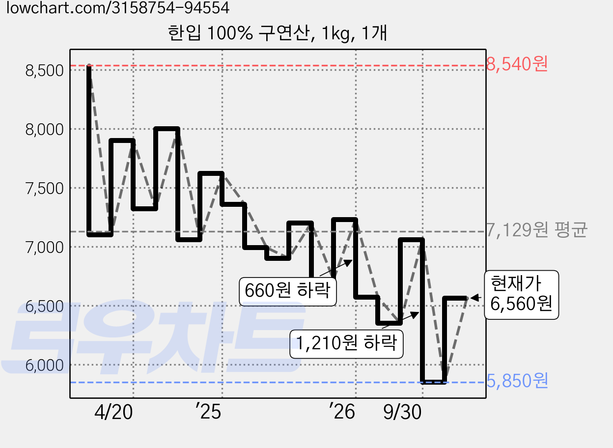 한입 100% 구연산, 1kg, 1개 가격 변동 차트, 현재가 6,560원, 관측 최저가 5,850원