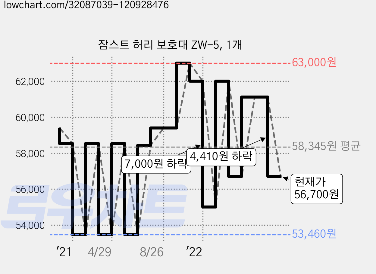 잠스트 허리 보호대 ZW-5, 1개 가격 변동 차트, 현재가 56,700원, 관측 최저가 53,460원