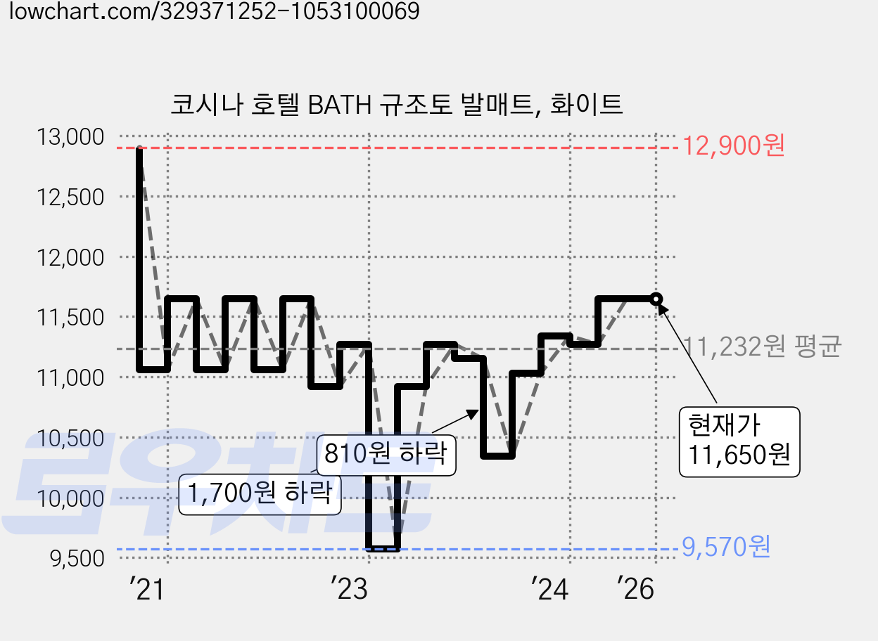 코시나 호텔 BATH 규조토 발매트, 화이트 가격 변동 차트, 현재가 11,650원, 관측 최저가 9,570원