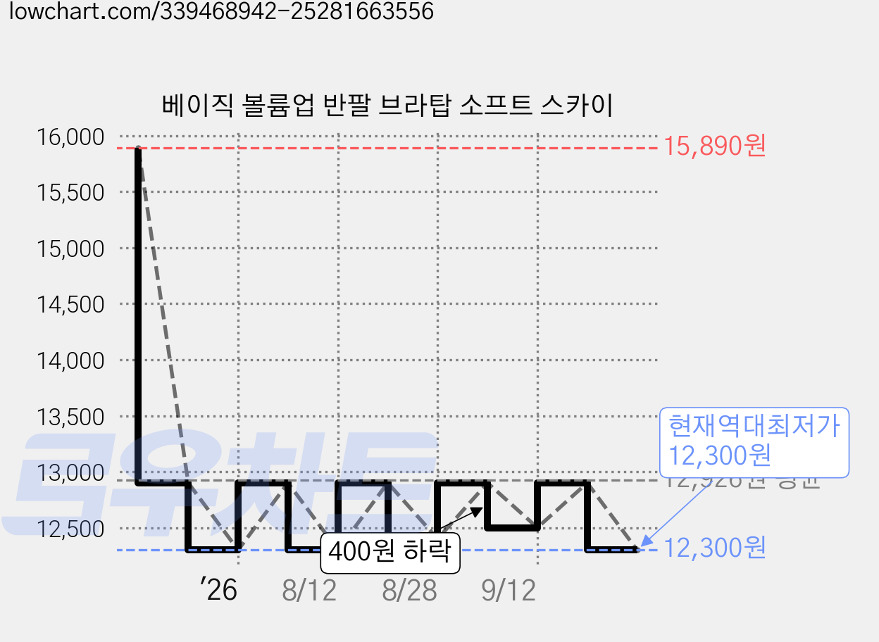 베이직 볼륨업 반팔 브라탑 소프트 스카이 가격 변동 차트, 현재가 12,300원, 역대최저가