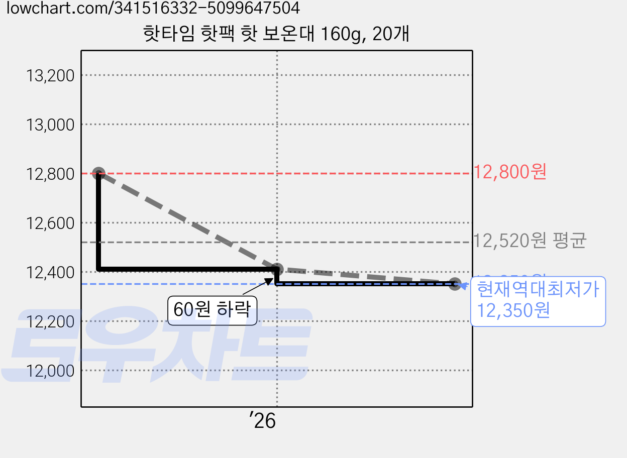 핫타임 핫팩 핫 보온대 160g, 20개 가격 변동 차트, 현재가 12,350원, 역대최저가