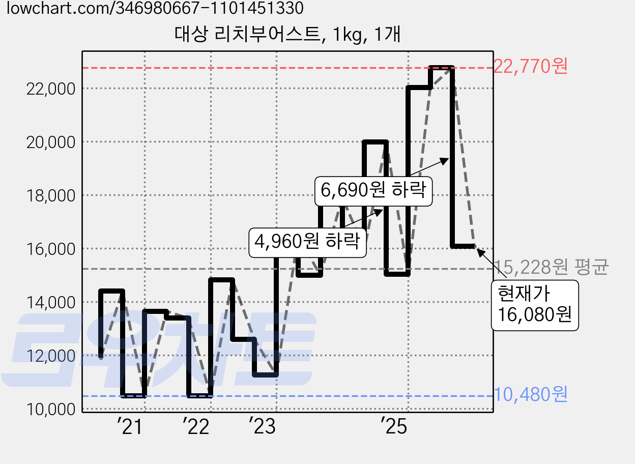 대상 리치부어스트, 1kg, 1개 가격 변동 차트, 현재가 16,080원, 관측 최저가 10,480원
