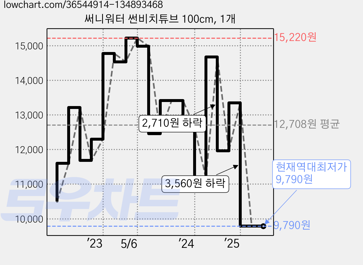 써니워터 썬비치튜브 100cm, 1개 가격 변동 차트, 현재가 9,790원, 역대최저가