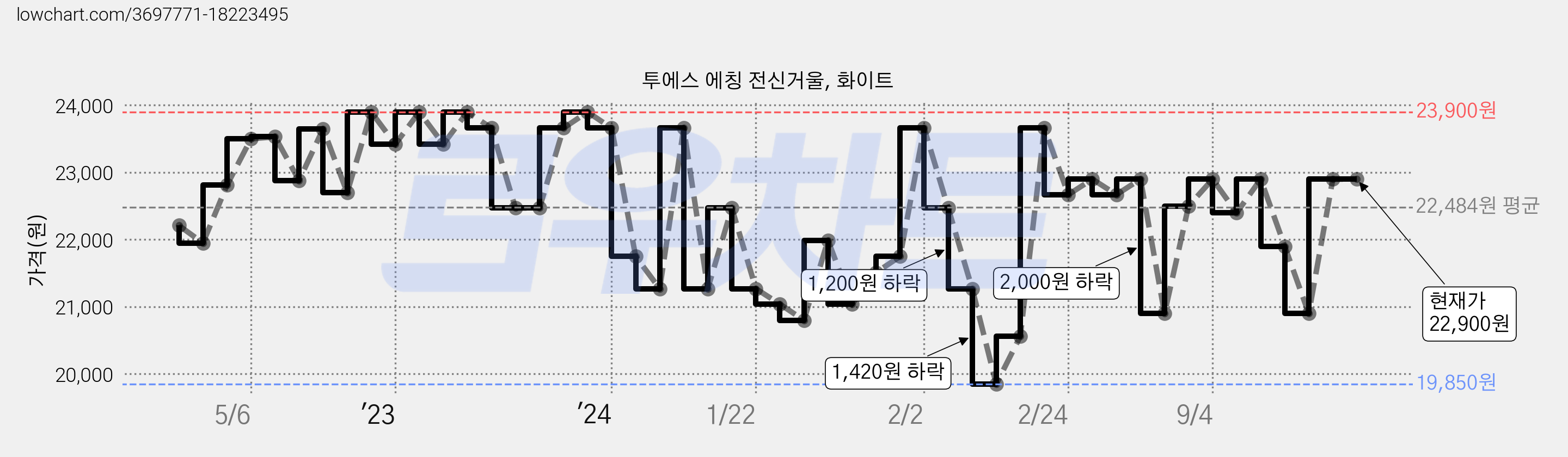 투에스 에칭 전신거울, 화이트 가격 변동 차트, 현재가 22,900원, 관측 최저가 19,850원