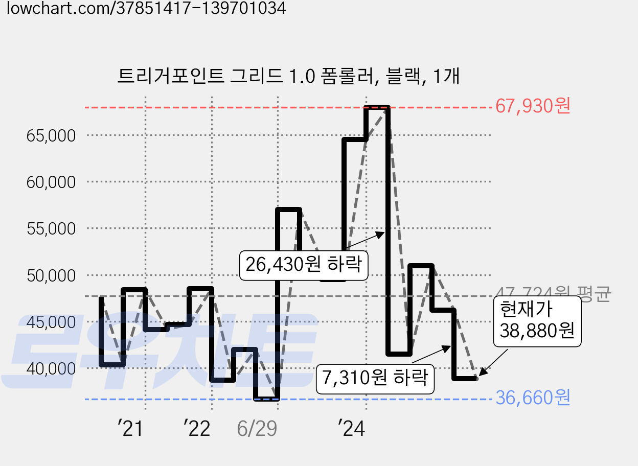 트리거포인트 그리드 1.0 폼롤러, 블랙, 1개 가격 변동 차트, 현재가 38,880원, 관측 최저가 36,660원