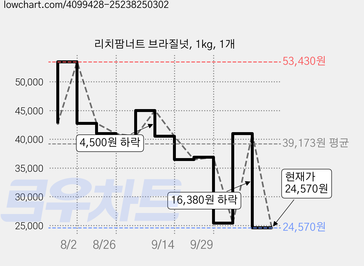 리치팜너트 브라질넛, 1kg, 1개 가격 변동 차트, 현재가 24,570원, 관측 최저가 18,010원