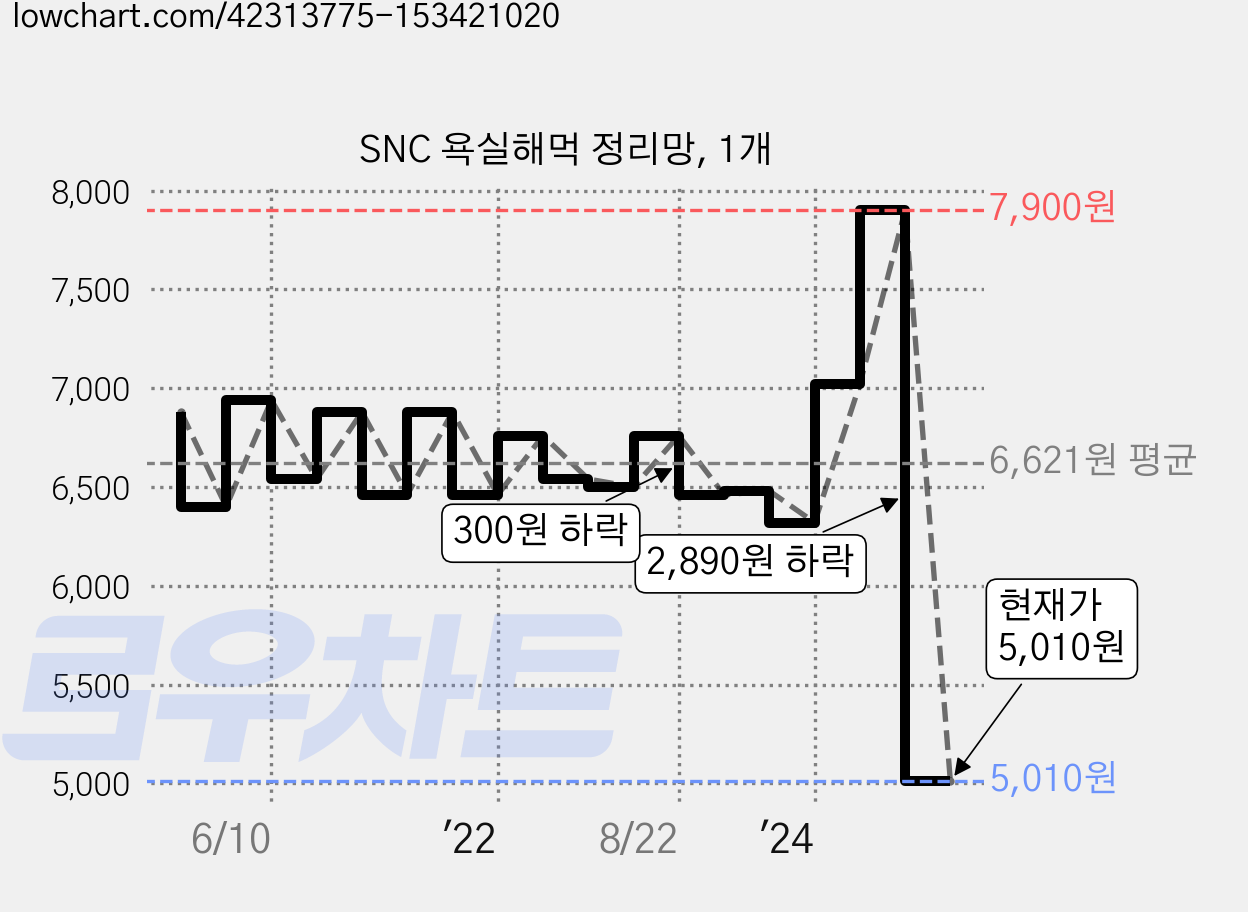 SNC 욕실해먹 정리망, 1개 가격 변동 차트, 현재가 5,010원, 관측 최저가 4,720원